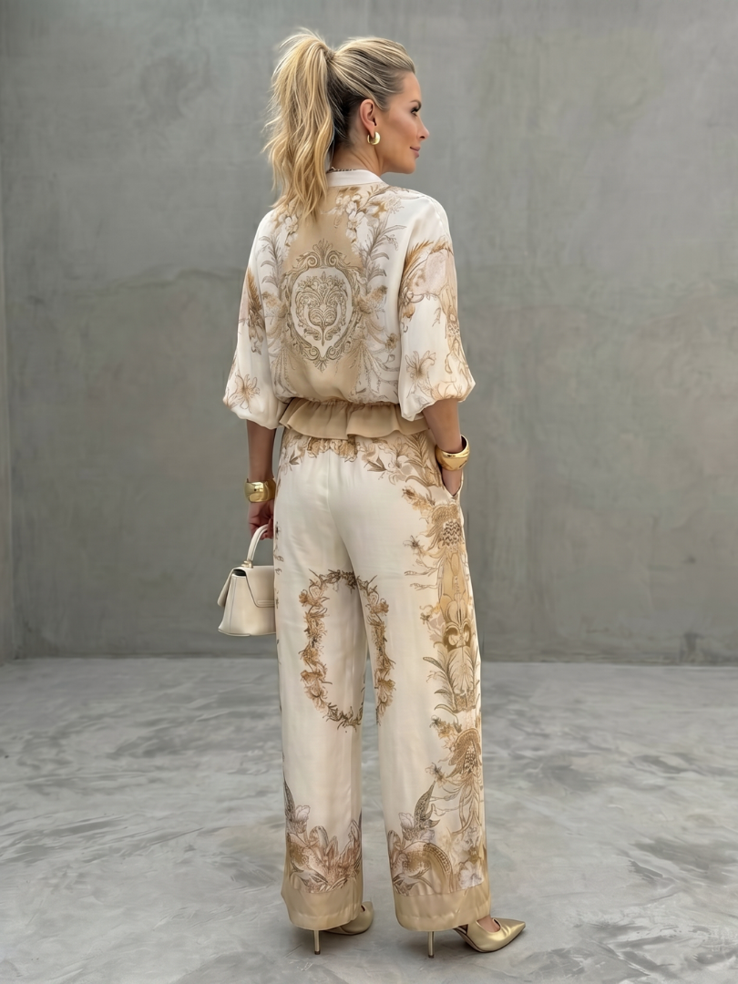 Women's chic lightweight matching set. Comfortable top & wide-leg pants for stylish casual and resort wear.