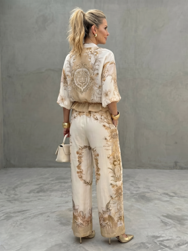 Women's chic lightweight matching set. Comfortable top & wide-leg pants for stylish casual and resort wear.