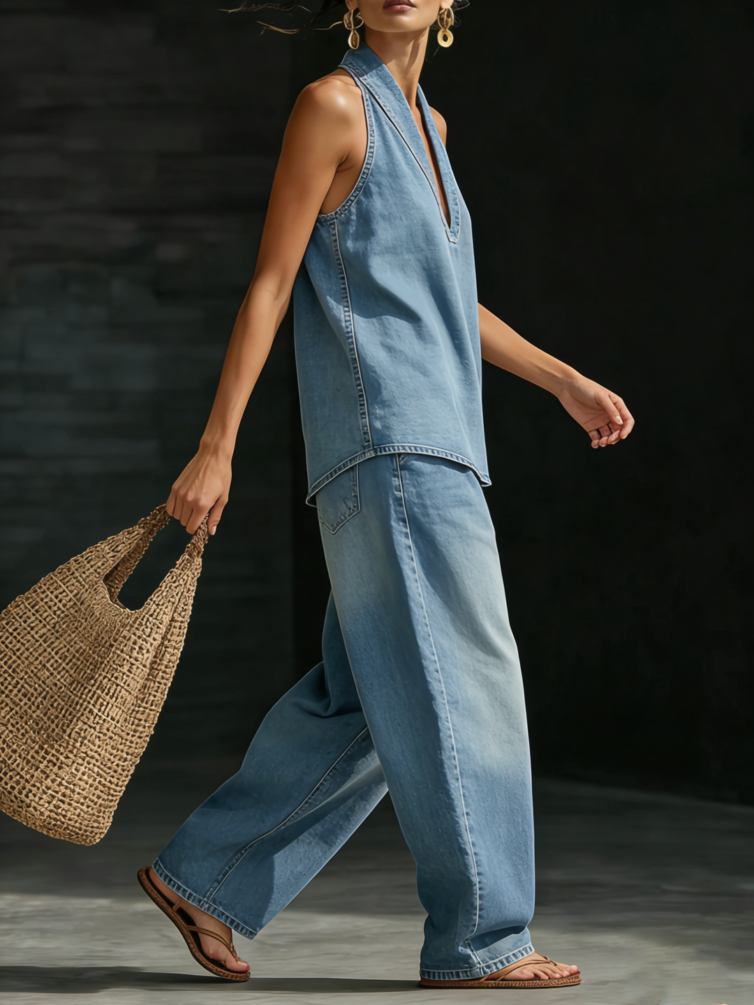 Versatile women's fashion set: sleeveless top & wide-leg pants for an elegant, modern, everyday outfit.
