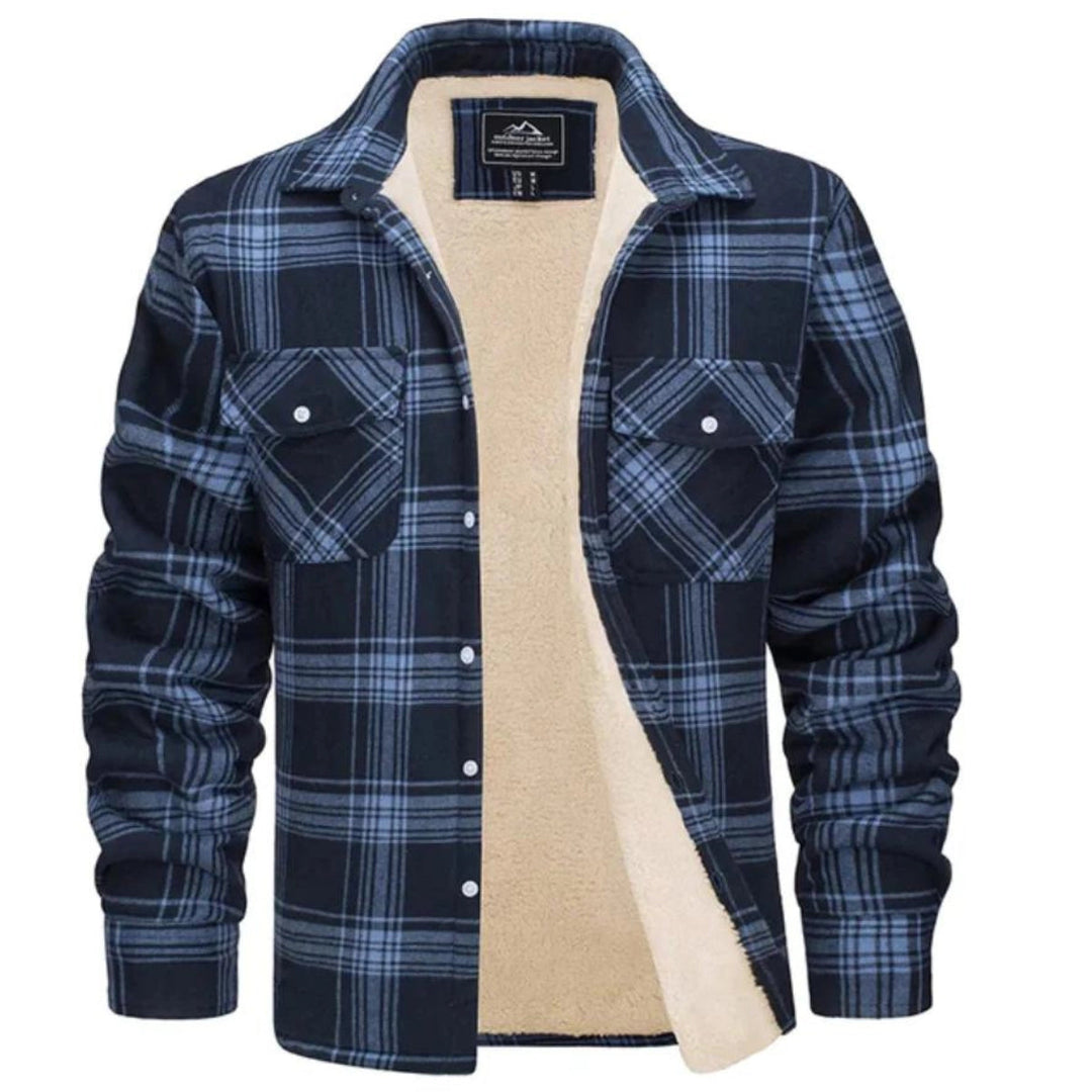 Men's stylish plaid shacket, a warm button-up jacket for cozy winter fashion.