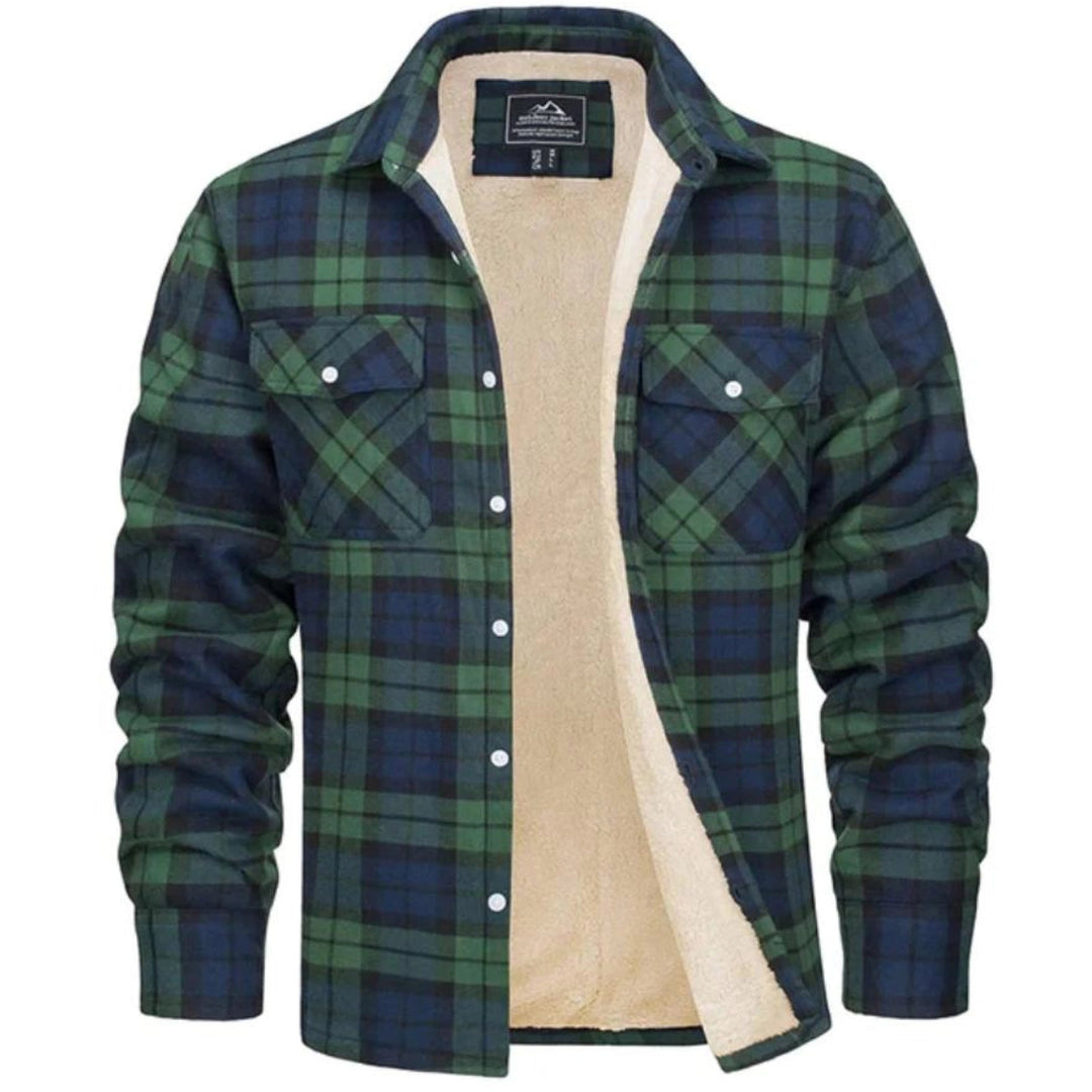 Men's cozy plaid shacket jacket, perfect for winter warmth & casual style.
