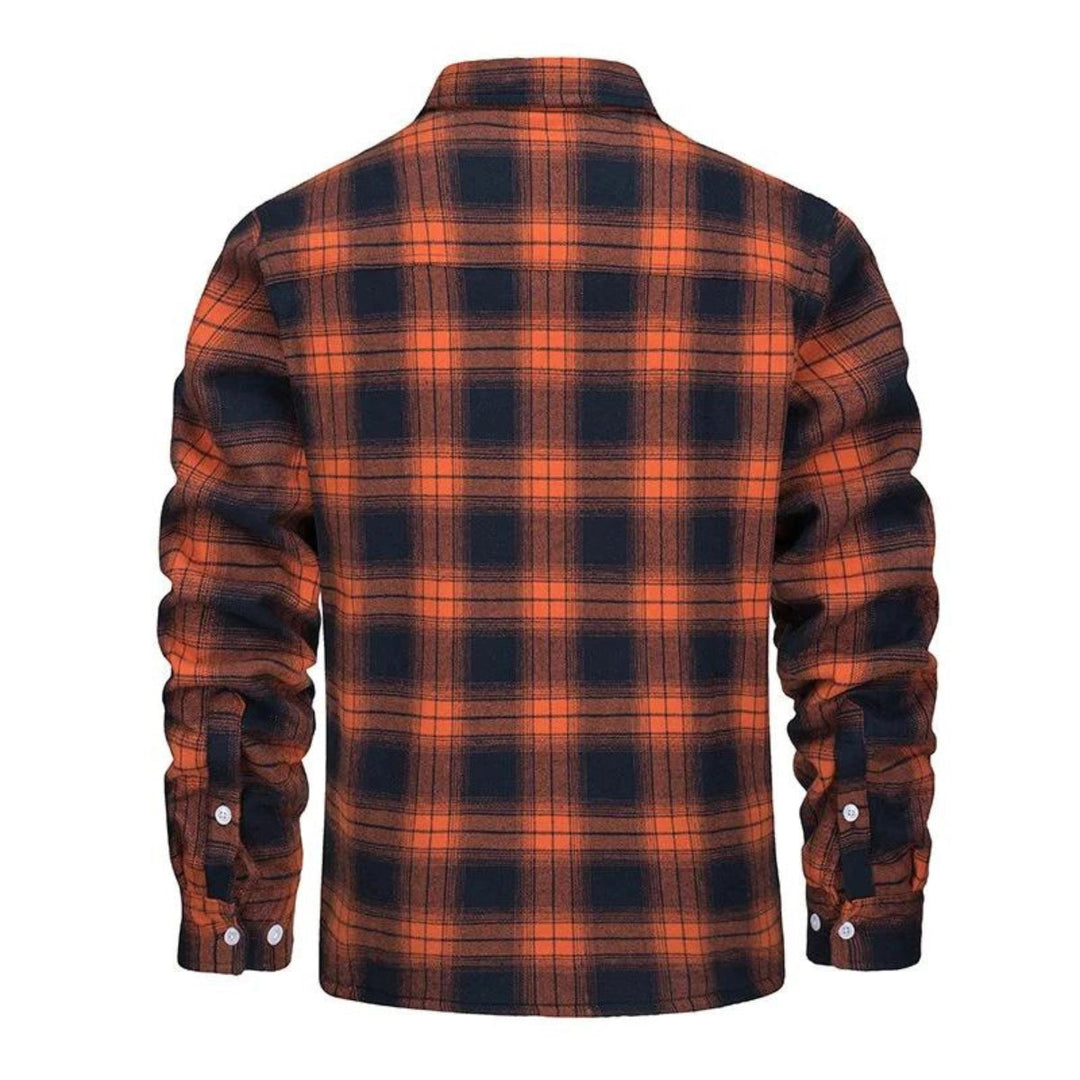 Warm men's plaid shacket, checkered button-up jacket for winter & fall outerwear.