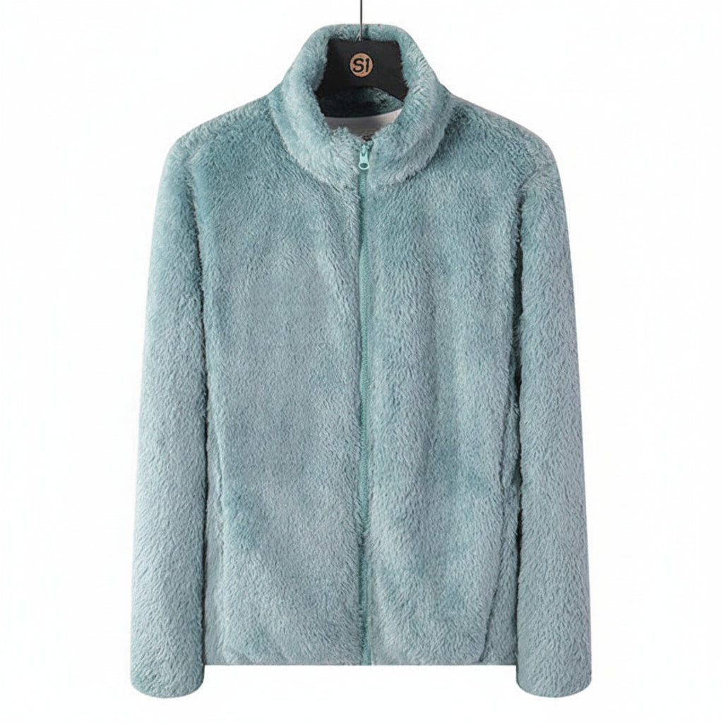 Soft & cozy women's high collar jacket, warm winter outerwear for casual fashion and layering.