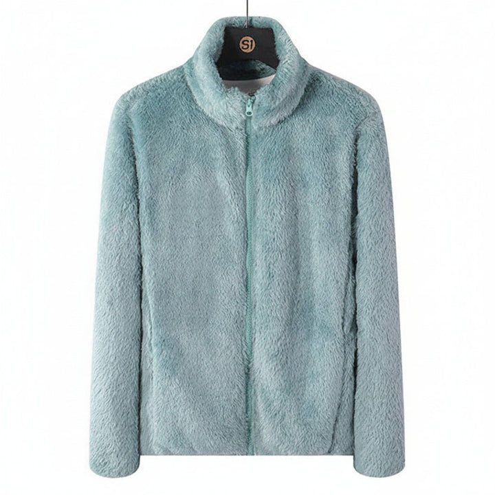 Soft & cozy women's high collar jacket, warm winter outerwear for casual fashion and layering.