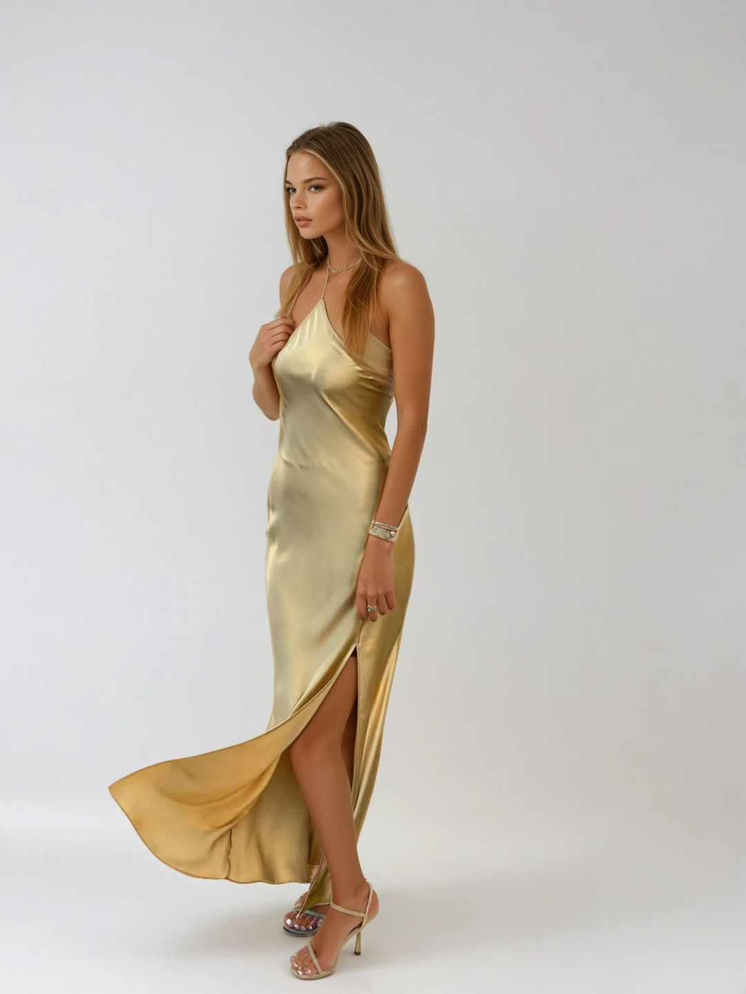 Elegant open back maxi dress for women, ideal wedding guest or formal evening wear.