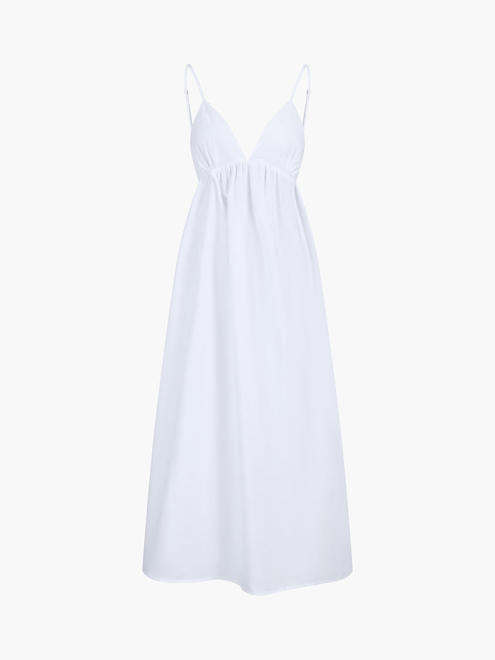 Versatile women's open-back midi dress, v-neck, sleeveless. Elegant yet casual for summer & holidays.