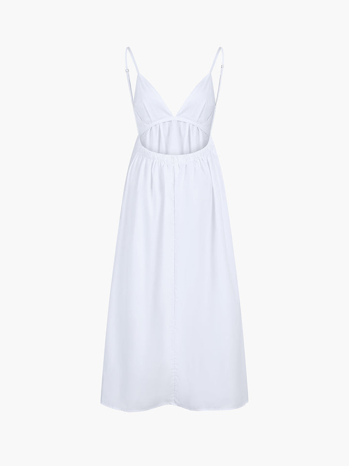 Women's sleeveless v-neck midi dress with a stylish open back. Perfect elegant summer and holiday wear.