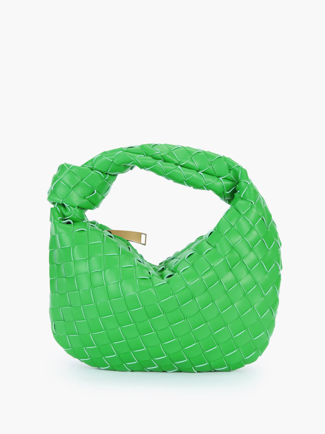 Modern women's shoulder bag with intricate braided design and stylish knot handle detail.