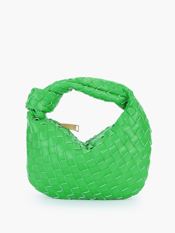 Modern women's shoulder bag with intricate braided design and stylish knot handle detail.