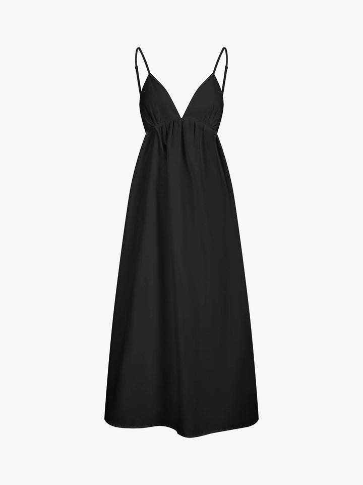 Elegant women's open-back midi dress, v-neck, sleeveless. Perfect for summer fashion & holiday wear.