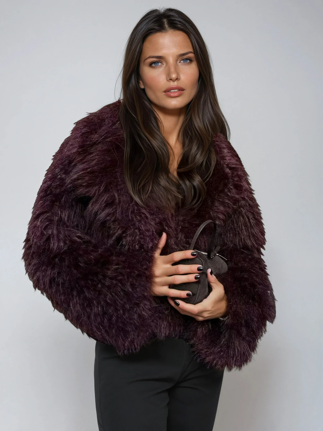 Burgundy women's cropped glamour coat, perfect for chic winter fashion and elegant evening wear.