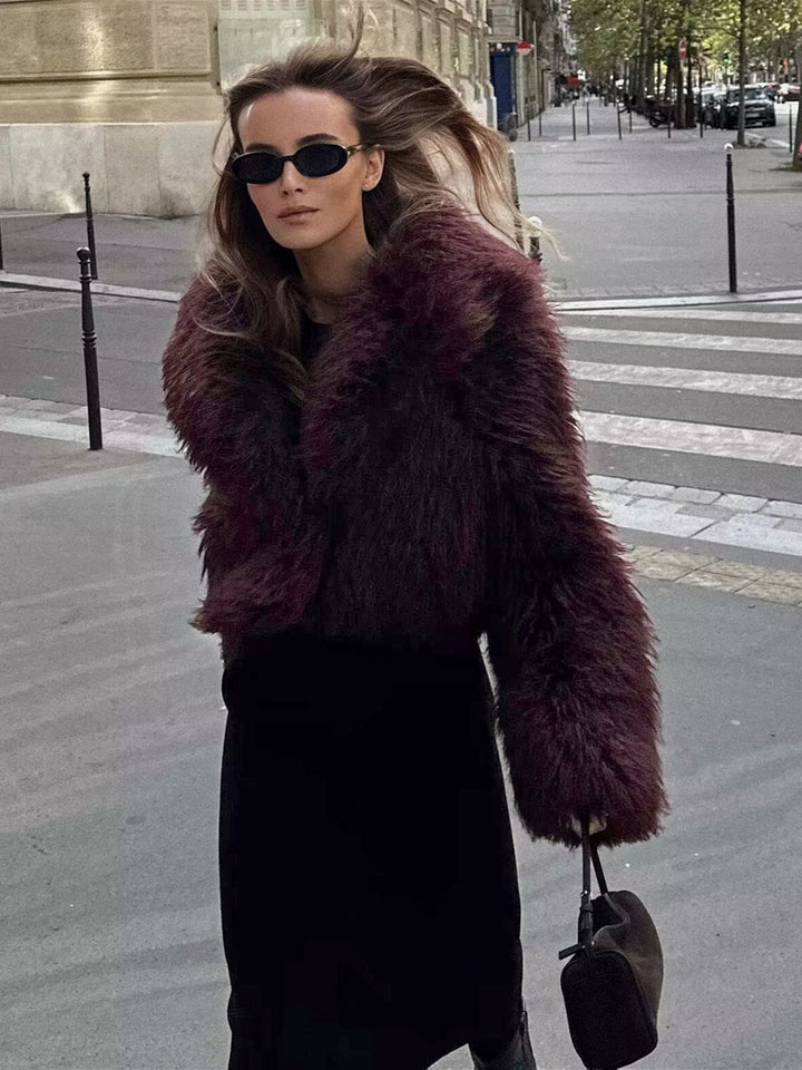 Elegant burgundy cropped glamour coat for women, a luxurious statement piece for winter evenings.