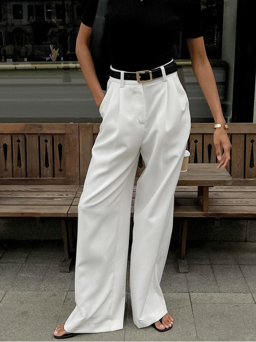 Chic high-waist wide-leg trousers, women's fashion statement, elegant and versatile.