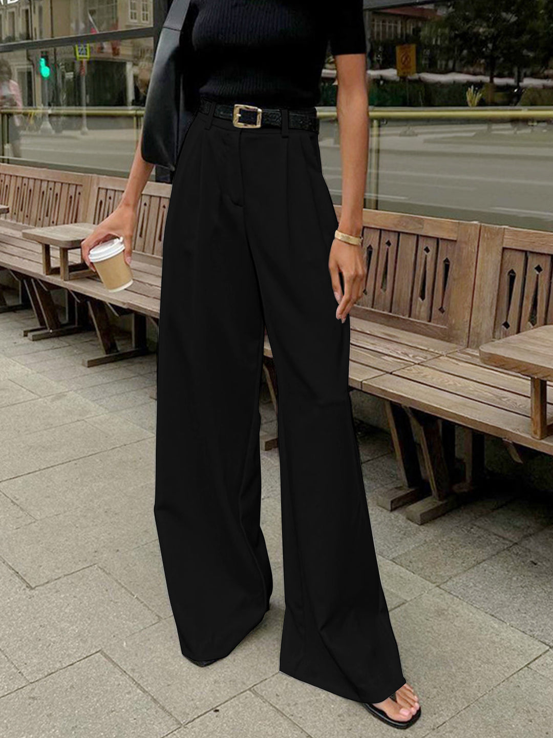 Chic women's wide-leg trousers, high-waist design, comfortable for smart casual styling.