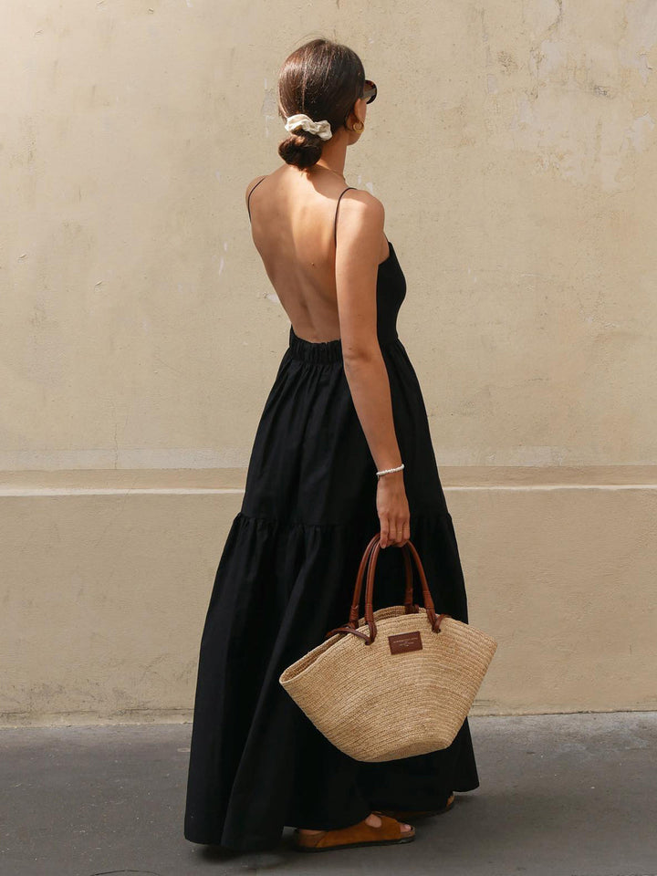 Elegant backless maxi dress for women, perfect for summer evenings & vacation style.