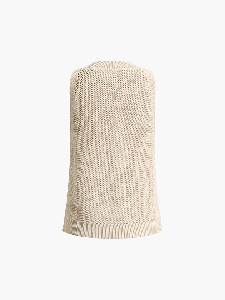 Fashionable women's cut-out knit tank top, effortlessly chic for layering or stand-alone summer wear.