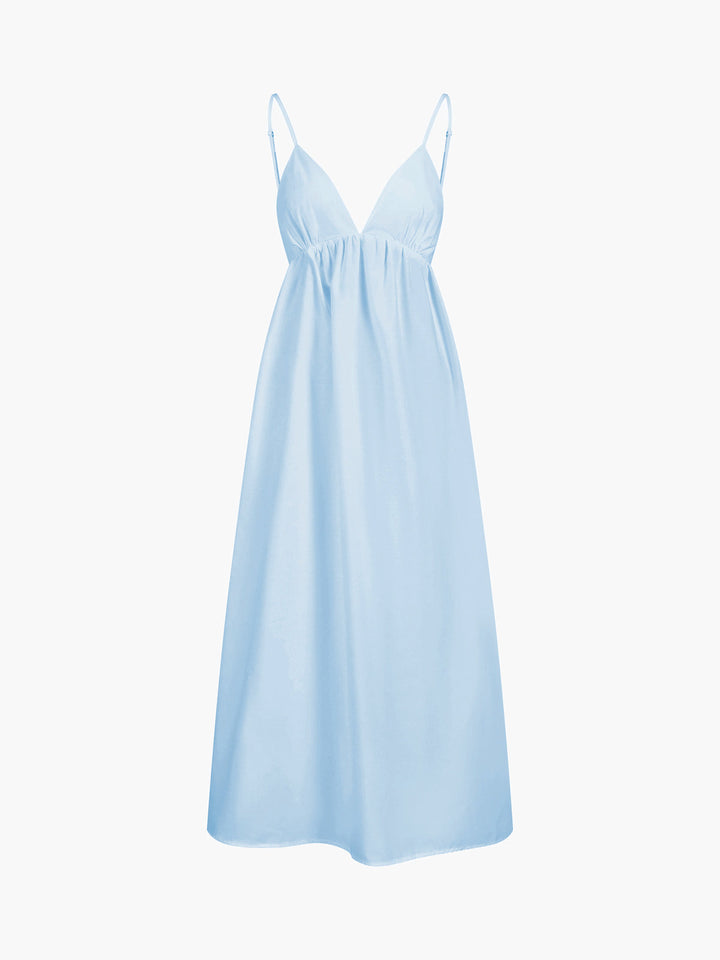 Stylish women's v-neck midi dress, open back, sleeveless. Chic casual summer dress for women's fashion.