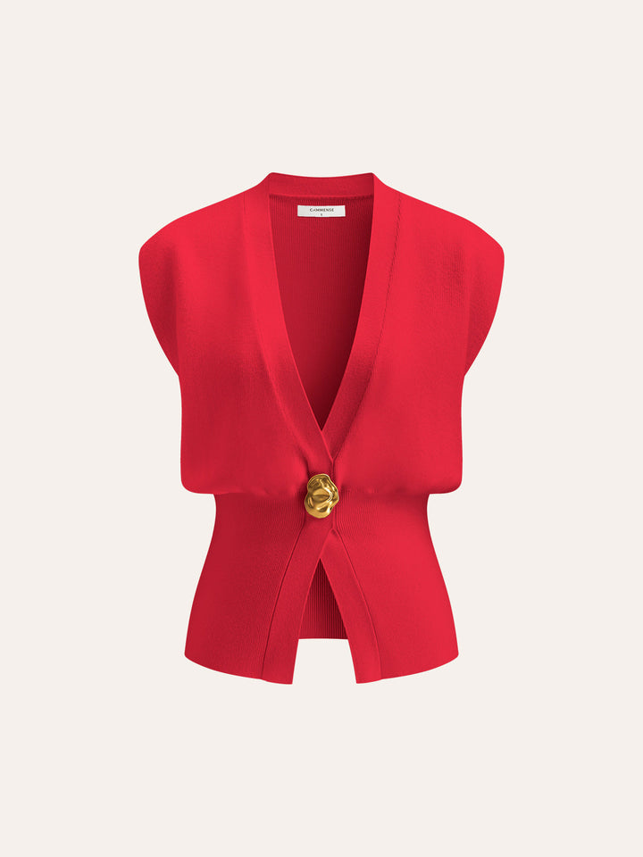 Front view of women's V-neck buttoned sweater vest, ideal for layering, preppy chic style, and casual wear.