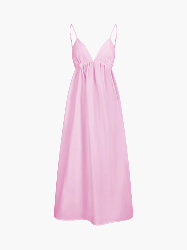 Comfortable women's open-back midi dress, v-neck, sleeveless, for effortless summer and vacation style.