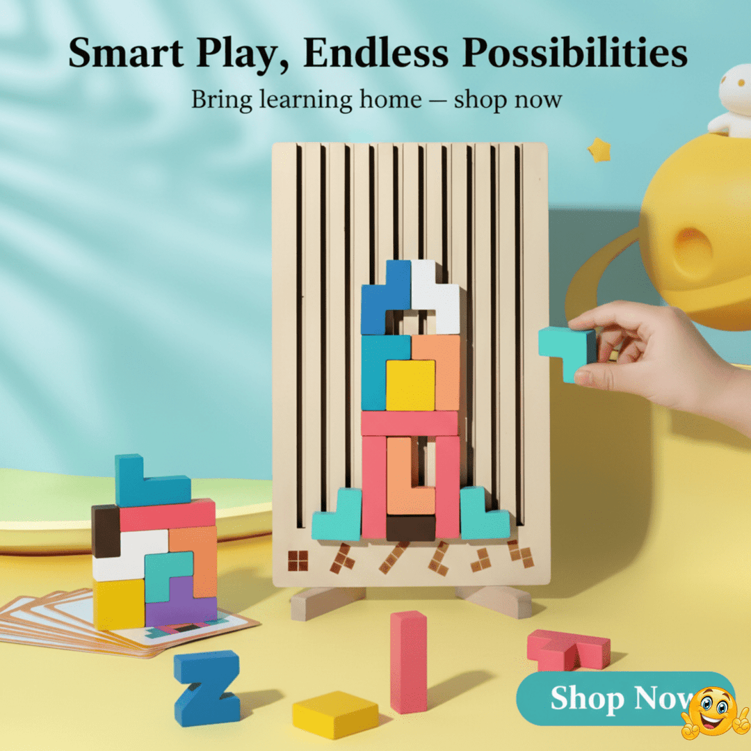 Vibrant wooden Tetris-shaped blocks for stacking. A Montessori educational toy enhancing logic & fine motor skills.