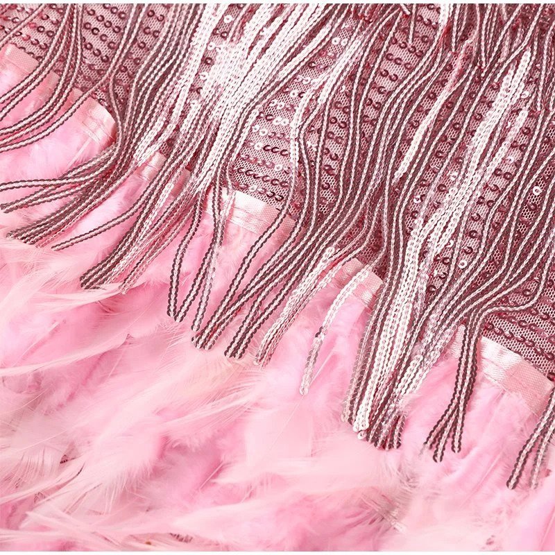 Luxurious women's sequin & feather evening dress; a sleeveless design for elegant party style.