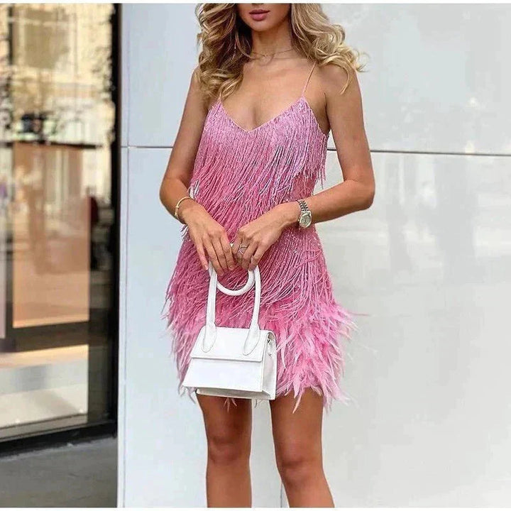 Full length view of a women's luxurious sequin feather formal dress, perfect for special nights.