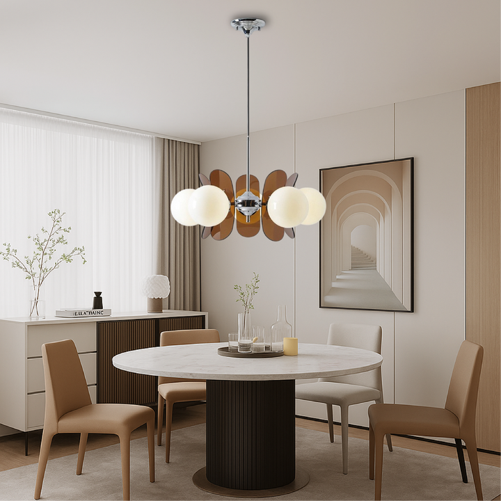 Living room modern geometric chandelier, black frame, 6 frosted glass spheres, contemporary lighting.