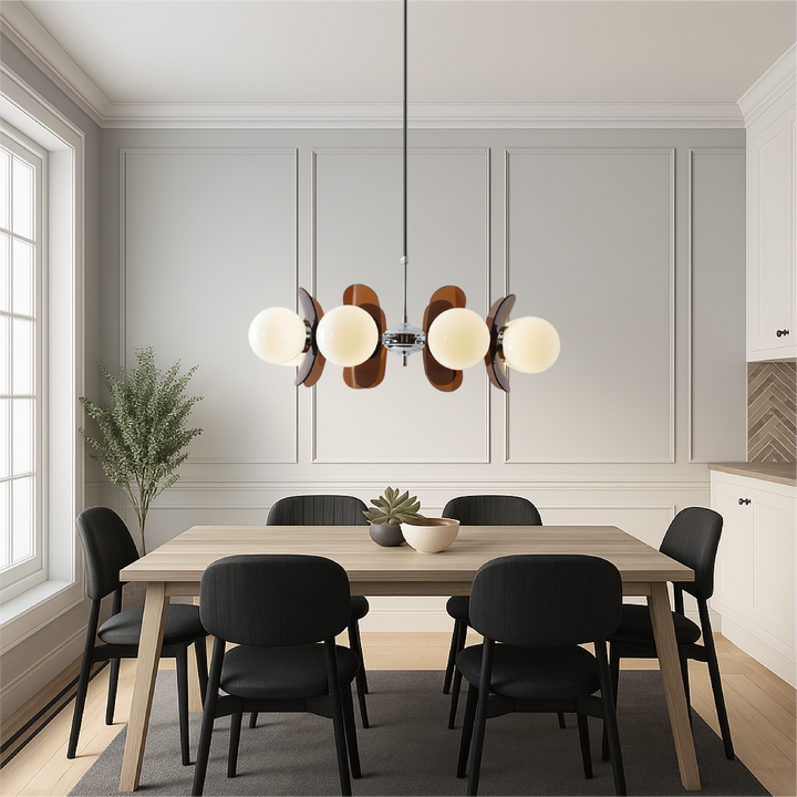 Elegant dining room modern geometric chandelier, artistic design, frosted glass spheres, LED lighting.