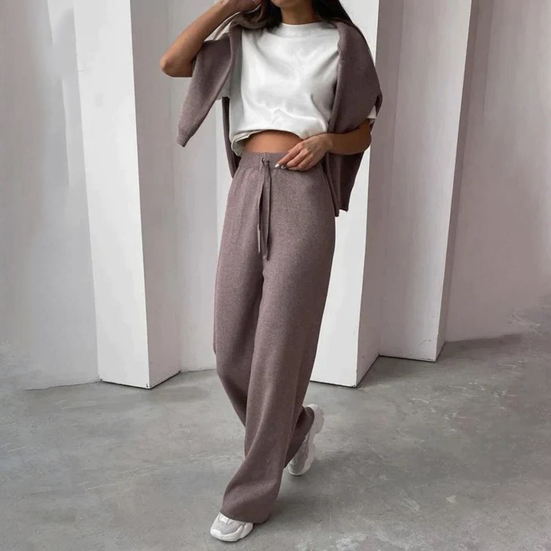 Chic taupe knit two-piece lounge set for women. Versatile casual clothing, ideal for elegant home comfort.