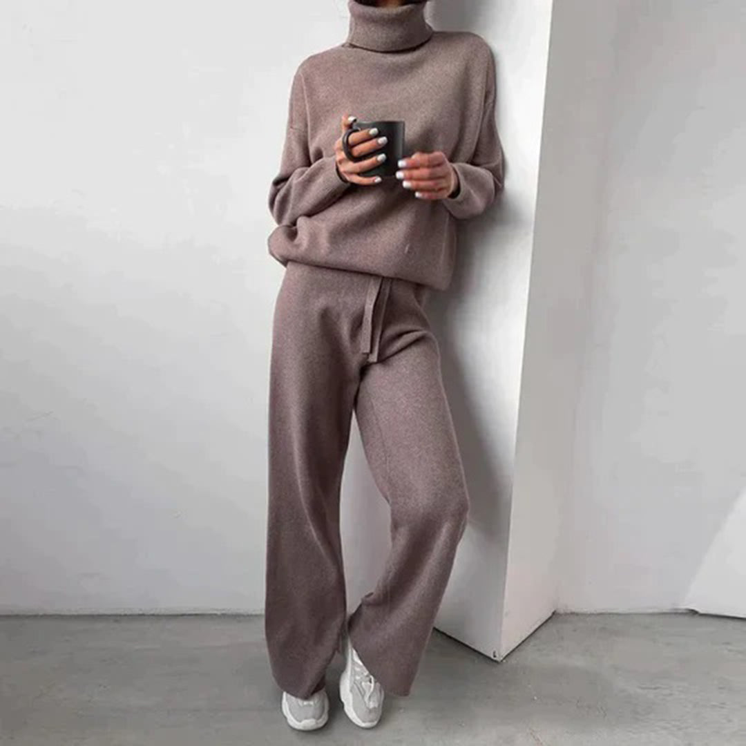 Sophisticated women's taupe knit lounge set. Soft, elegant two-piece knitwear for ultimate comfort & style.