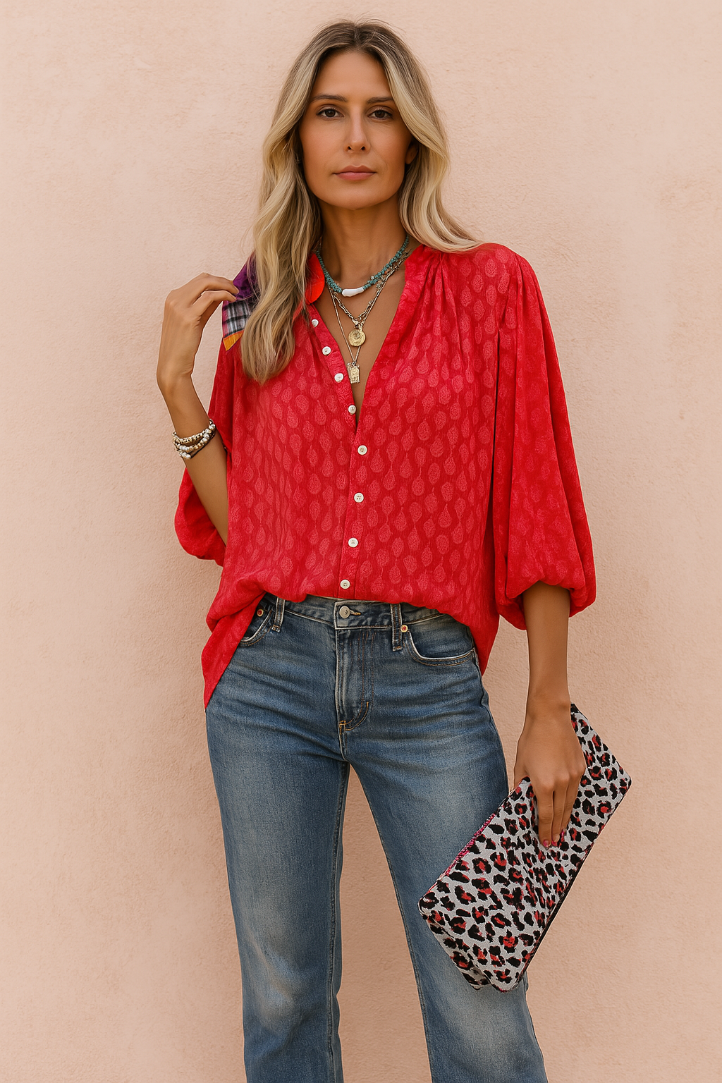 Oversized women's short sleeve summer blouse, button-down for a relaxed, fashionable everyday look.