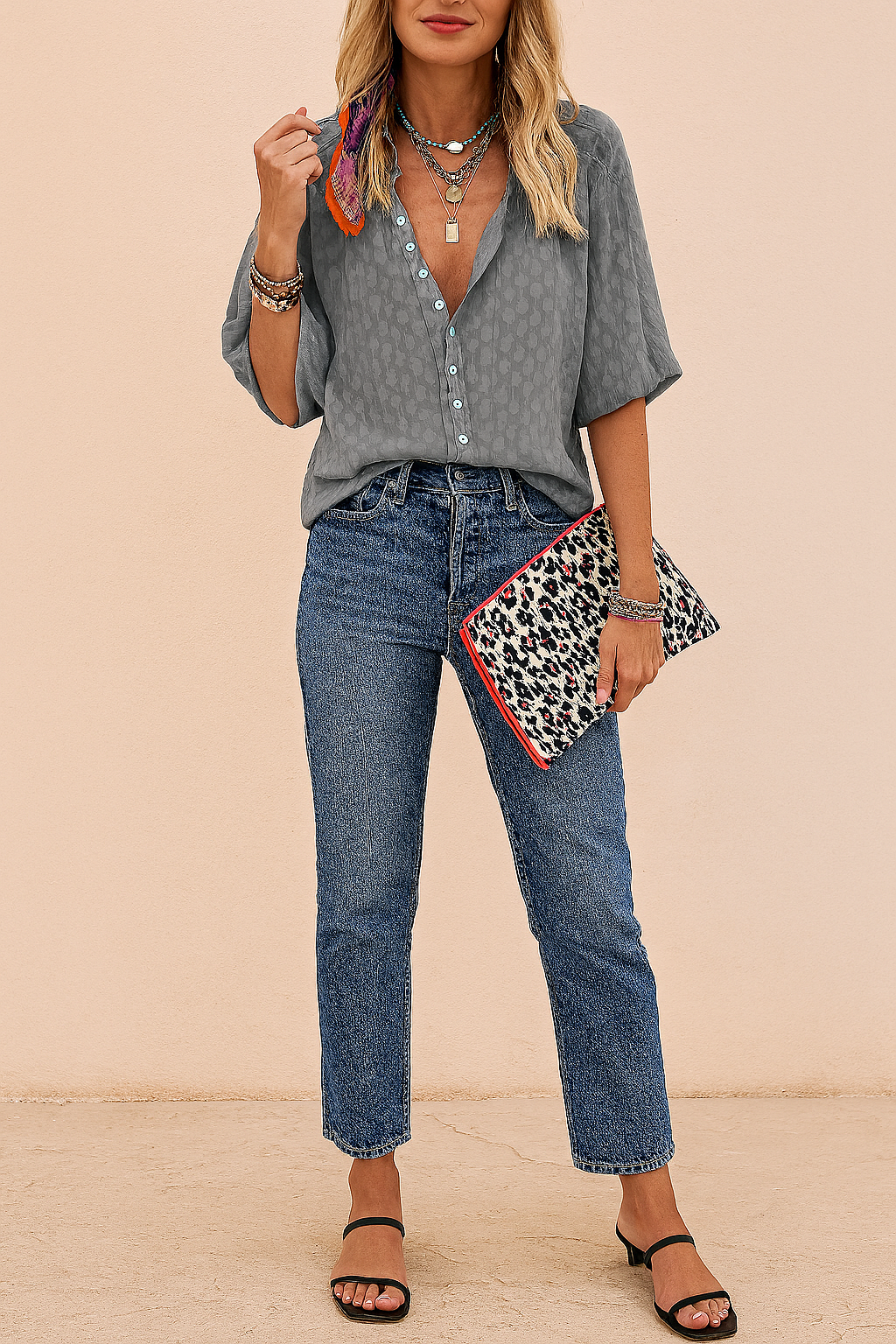 Chic women's lightweight summer blouse, short sleeve button-down top offering versatile everyday style.