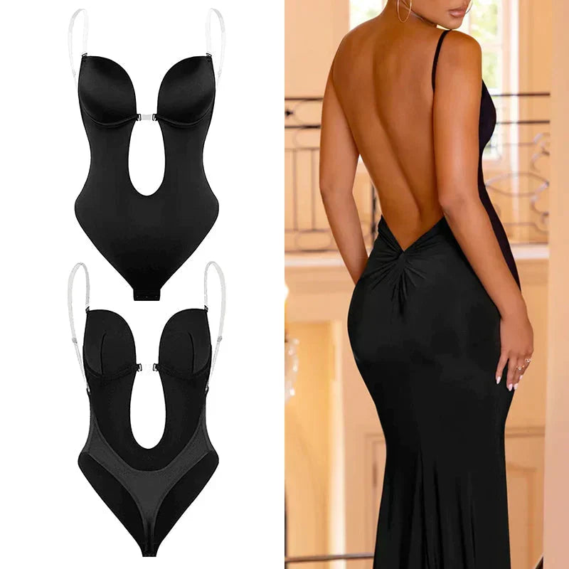 Women's backless shaping bodysuit in black, providing a smooth silhouette & invisible support under dresses.