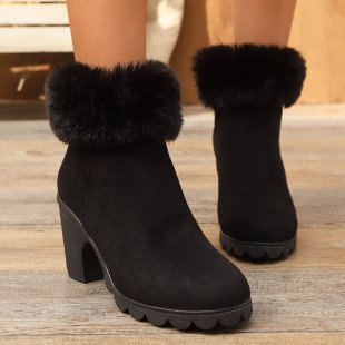 Chic women's ankle boots with sturdy block heel & plush collar, perfect for fall fashion.