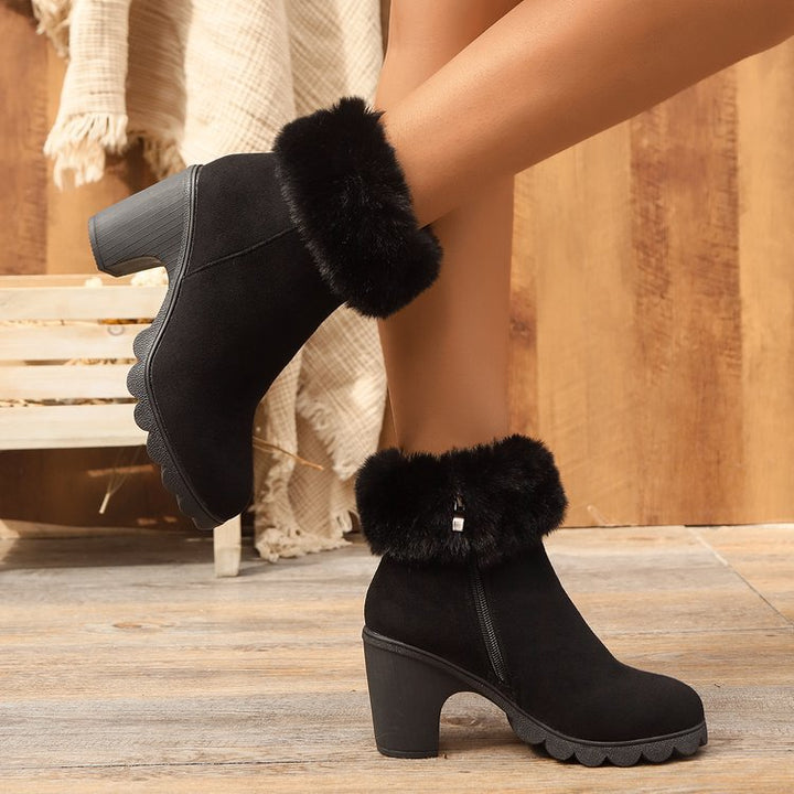 Versatile women's block heel ankle boots with a plush collar, ideal for fall & winter outfits.