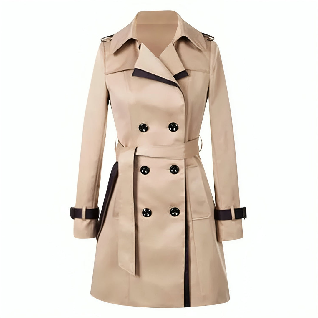Sophisticated women's long trench coat with a belted waist, offering a tailored and elegant classic style for any occasion.