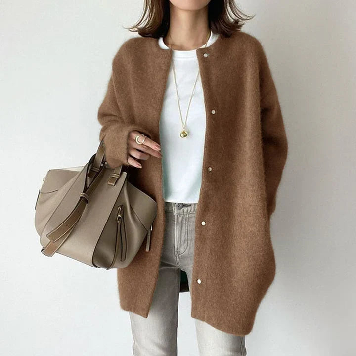 Comfortable women's mid-length button cardigan, versatile for outerwear & chic style.