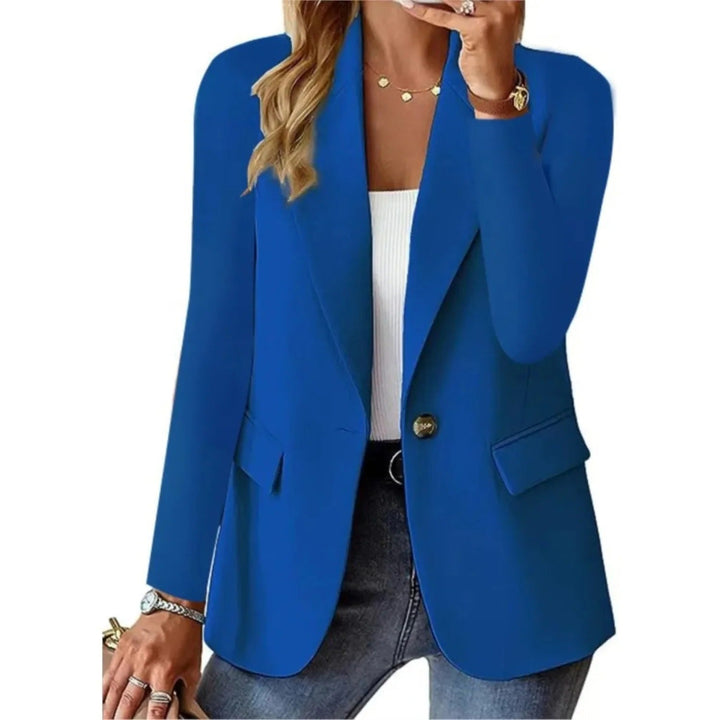 Close-up of a women's relaxed open front blazer fabric, highlighting the soft texture for comfortable layering.