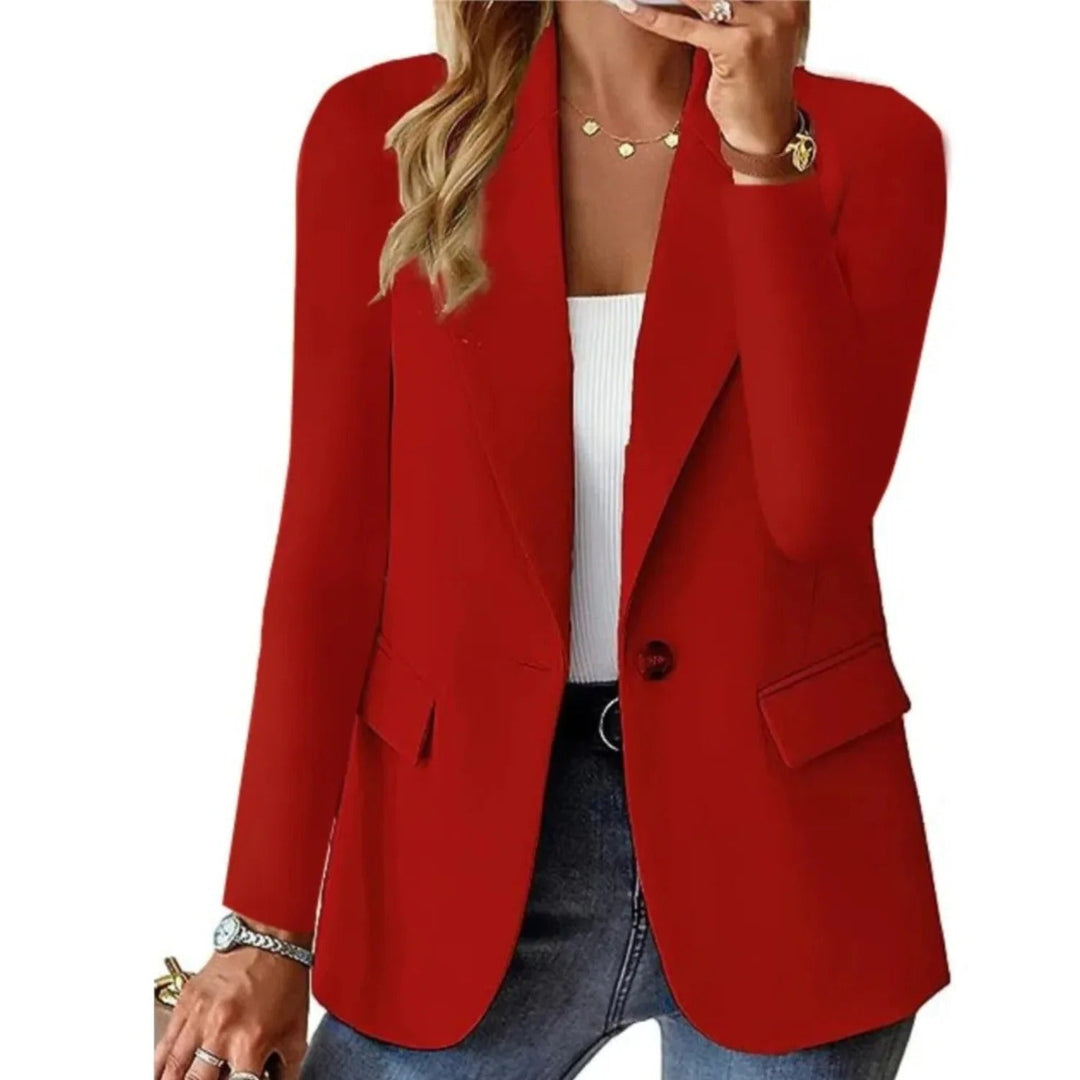 Model wearing a relaxed open front women's blazer jacket, showcasing its versatile smart casual and office wear style.