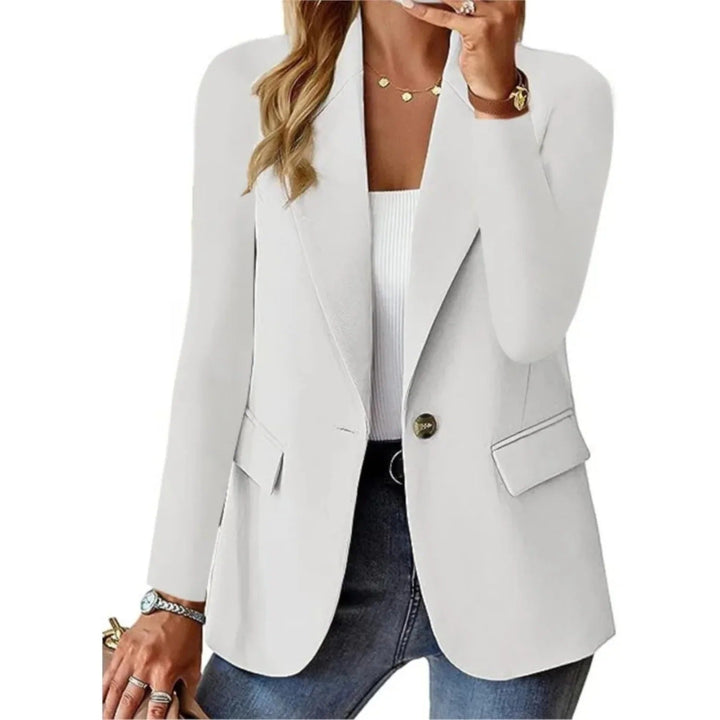 Side view of women's relaxed open front blazer jacket, perfect as a versatile long sleeve layering piece for any outfit.