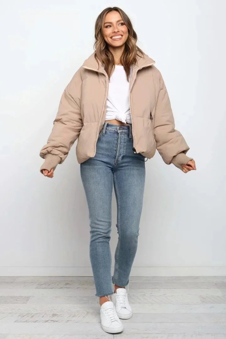 Warm women's quilted puffer jacket, essential outerwear for chilly winter days.