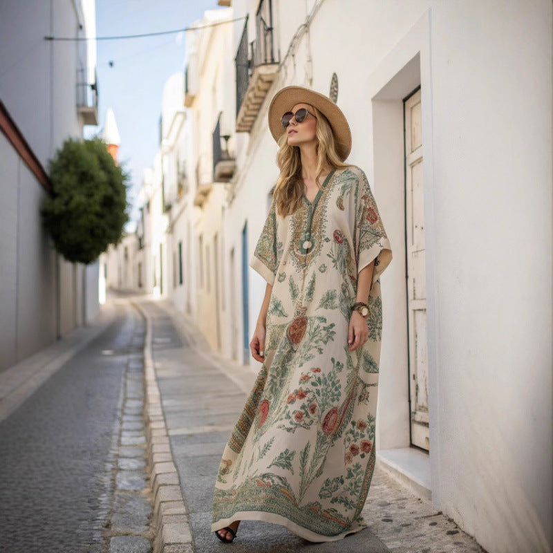 Women's flowing bohemian maxi dress, perfect for summer style and beachwear.