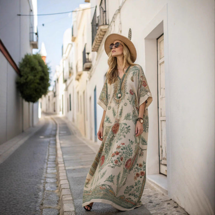 Women's flowing bohemian maxi dress, perfect for summer style and beachwear.