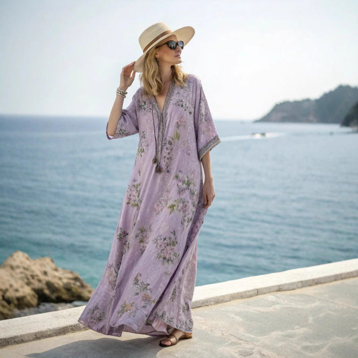 Boho chic maxi dress for women, featuring a comfortable flowing silhouette.