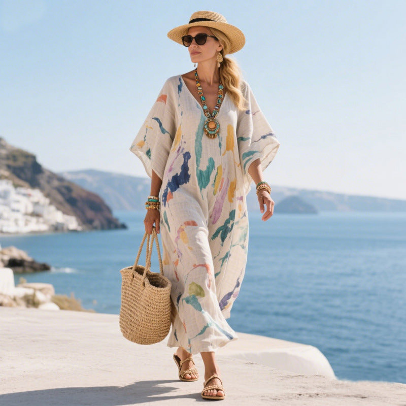 Flowing stripe maxi dress for women, a comfortable and chic summer vacation outfit.