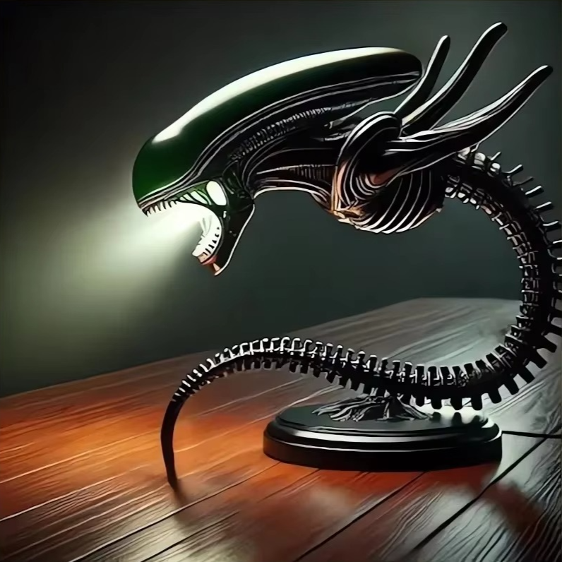 Detailed Sci-Fi alien predator LED table lamp. A unique collectible for home decor, perfect for sci-fi fans & gaming rooms.