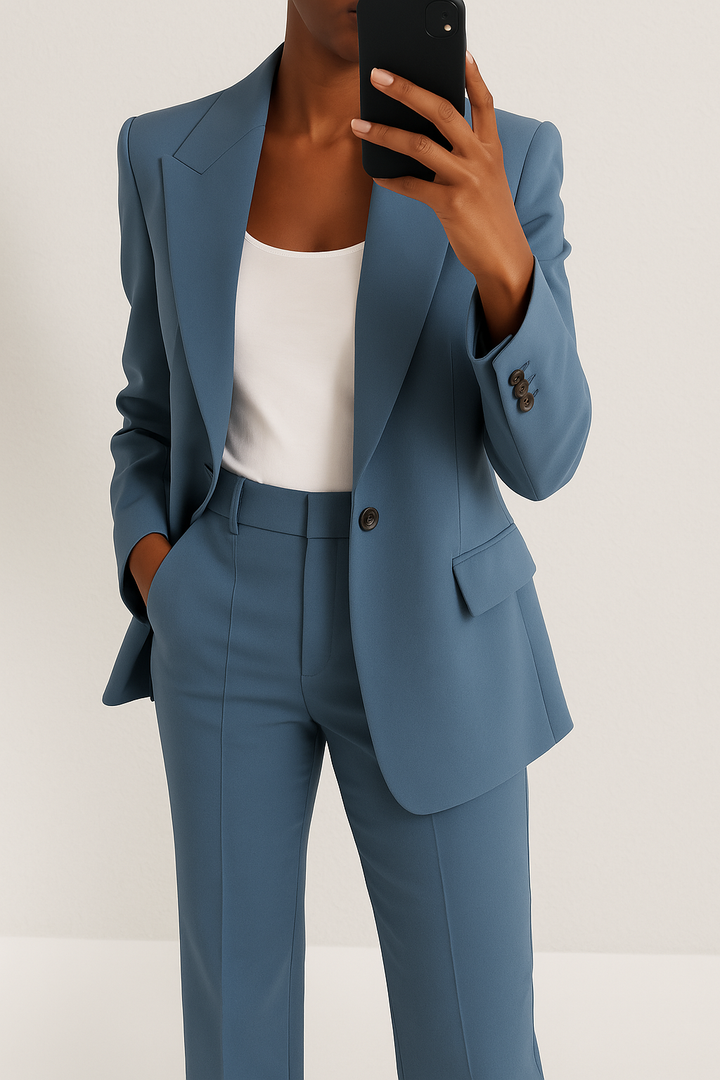Elegant women's tailored suit set with blazer & trousers, perfect for professional office wear & business fashion.