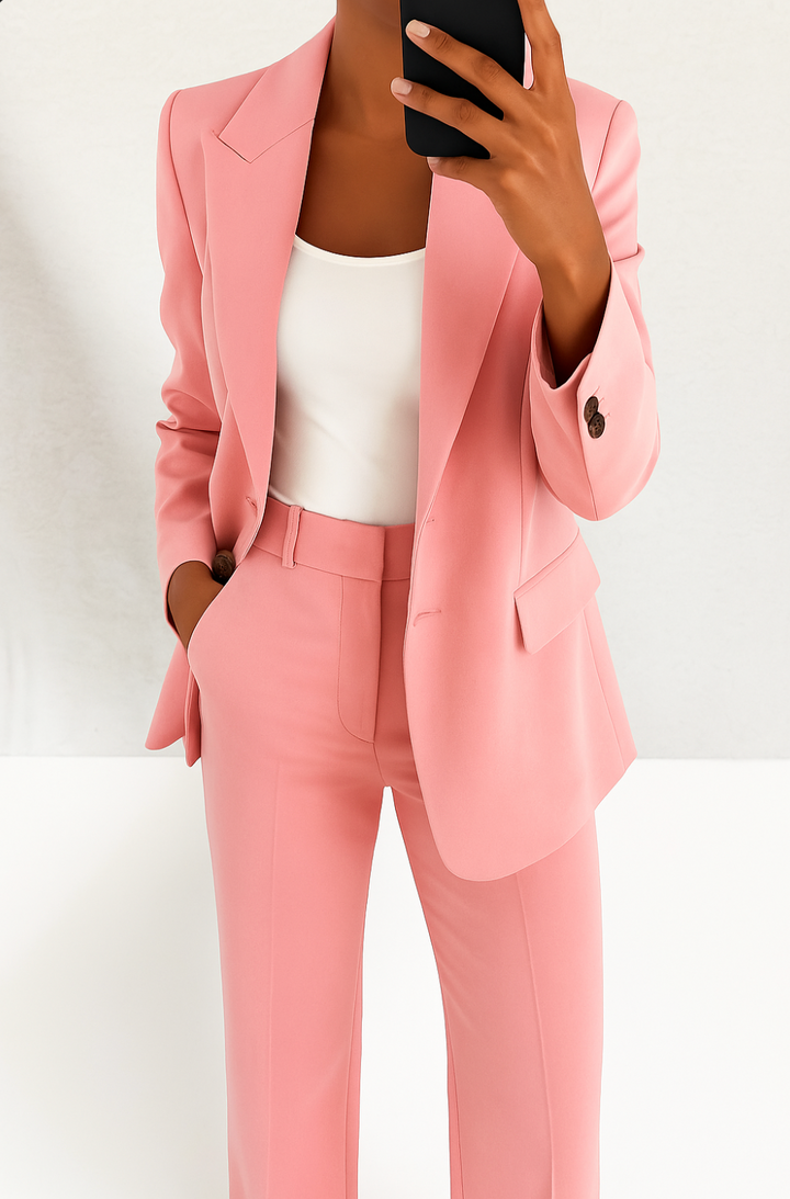 Women's elegant tailored suit set with a stylish blazer and professional trousers for business fashion.