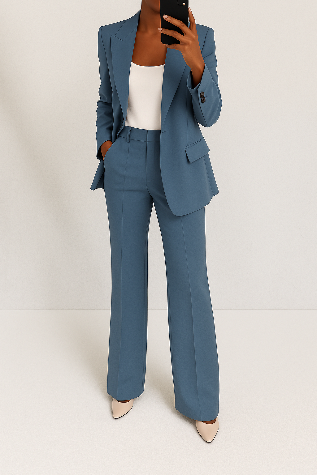 Modern women's two-piece tailored suit set: a stylish blazer and matching trousers for formal & office wear.
