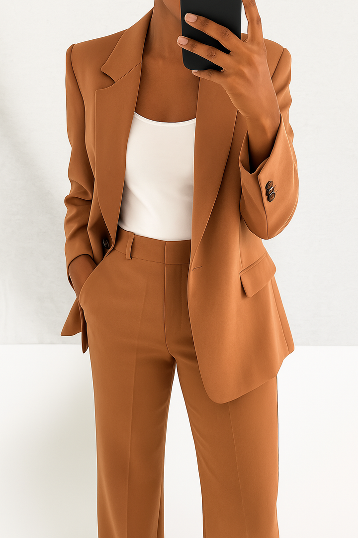 Complete women's tailored suit outfit: a stylish blazer and coordinating trousers for professional attire.